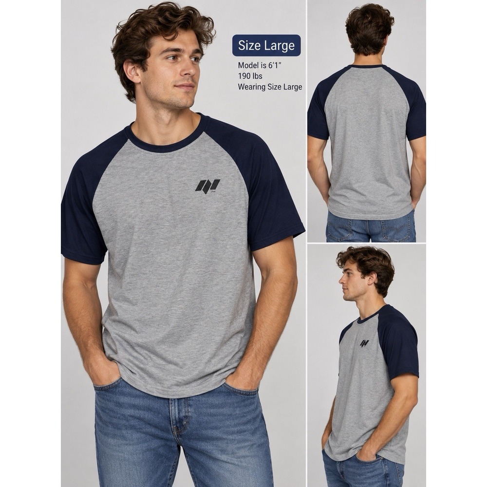 Mens Raglan T Shirt Large Gray Navy Blue Athletic Performance Logo Tee L -3758